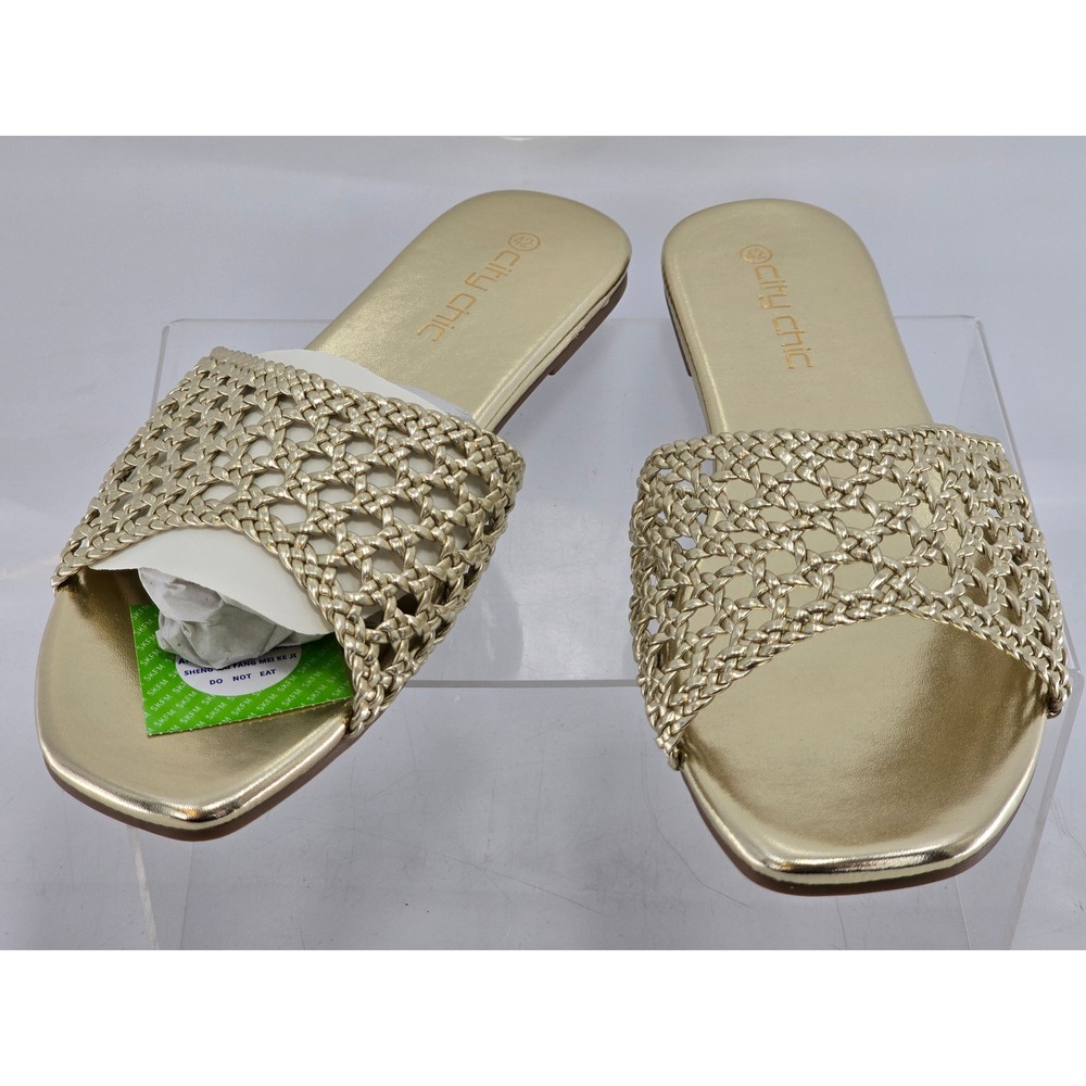 City Chic Flat Slide Weave Womens 11W Gold Woven Open Toe Sandals - New